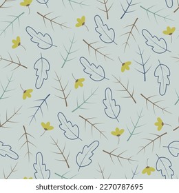 Exquisite floral seamless pattern. Aesthetic surface pattern of bunch of scandi flowers, leaves and branches. Allover flowery texture. Dainty tileable floral arrangement. Repeat textured background.