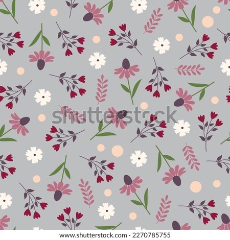 Exquisite floral seamless pattern. Aesthetic surface pattern of bunch of scandi flowers, leaves and polka dots. Allover flowery texture. Dainty tileable floral arrangement. Repeat texture background.
