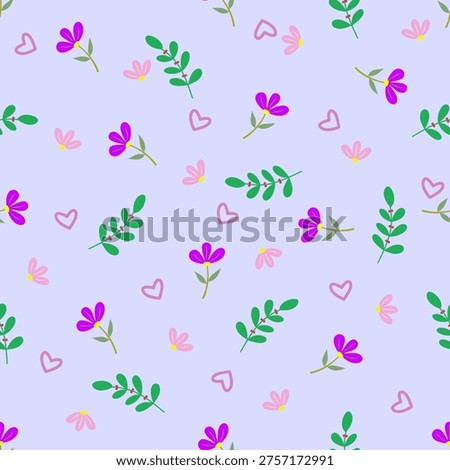 Exquisite floral seamless pattern. Aesthetic surface pattern of bunch of flowers, leaves and heart. Allover flowery texture. Dainty tileable floral arrangement. Repeat texture background.