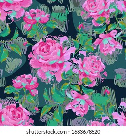 Exquisite floral seamless pattern made of opulent blooming roses. Acrilic painting with large flower heads and leaves. Vector botanical illustration for fabric and textile. 