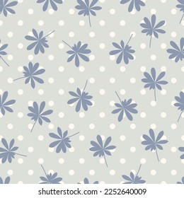 Exquisite floral seamless pattern of palm leaves and polka dots. Allover print composite overlay. Dainty foliage repeating textured background. Aesthetic foliate arrangement of tropical blue leaves.