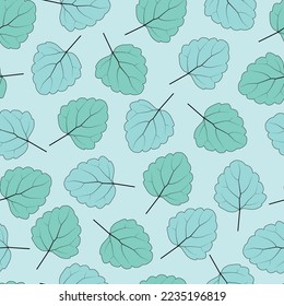 Exquisite floral seamless surface pattern tile of aesthetic ornamental bunch of leaves. Modern dainty foliage tile. Adorned repeating texture with mint color background