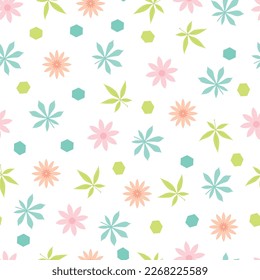 Exquisite floral seamless surface pattern. Aesthetic bunch of scandi flowers, cassava and chestnut leaves and hexagon shapes. Allover flowery textured background. Dainty tileable floral arrangement.