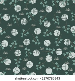 Exquisite floral seamless surface pattern tile. Aesthetic ornamental branches of leaves and polka dots. Modern dainty foliage design. Adorned composite overlay repeating textured background.