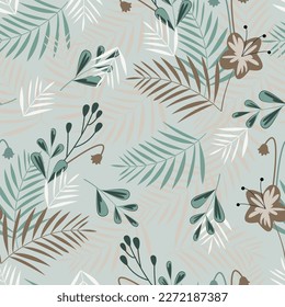 Exquisite floral seamless surface pattern design. Aesthetic composite overlay of bunch of blooming scandi flowers and palm leaves. Allover flowery textured background. Tileable floral arrangement. 