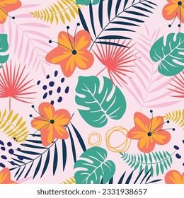 Exquisite floral seamless surface pattern. Aesthetic bunch of blooming scandi flowers and monstera and palm leaves. Allover printed flowery texture background. Whimsical arrangement of floral motifs. svg