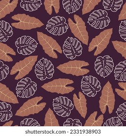 Exquisite floral seamless surface pattern. Aesthetic composite overlay of monstera and philodendron leaves. Allover printed flowery texture background. Whimsical arrangement of tropical floral motifs.