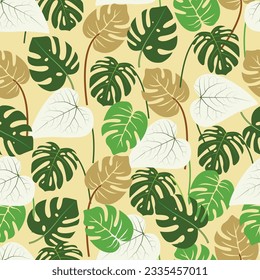 Exquisite floral seamless surface pattern. Aesthetic design of monstera and philodendron leaves. Allover printed flowery texture background. Whimsical arrangement of tropical exotic floral motifs.