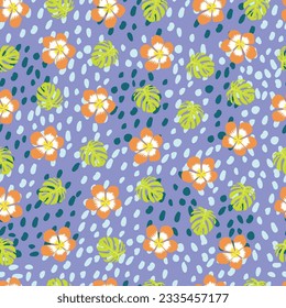 Exquisite floral seamless surface pattern. Monstera leaves, geranium flowers and blobs shapes. Allover printed foliage textured composite background. Whimsical arrangement of tropical floral motifs.