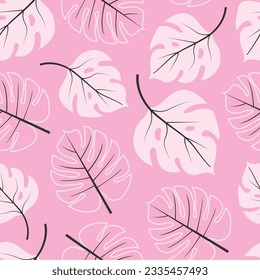 Exquisite floral seamless surface pattern. Aesthetic design of tropical monstera leaves. Allover printed foliage textured background. Whimsical arrangement of Hawaiian floral motifs.