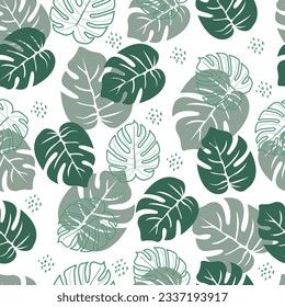 Exquisite floral seamless surface pattern. Aesthetic Hawaiian green monstera leaves composite overlay. Allover printed foliage textured background. Whimsical arrangement of tropical floral motifs