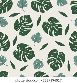 Exquisite floral seamless surface pattern. Aesthetic Hawaiian green monstera leaves. Allover printed foliage textured background. Whimsical arrangement of tropical floral motifs