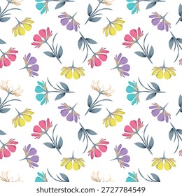 Exquisite floral seamless surface pattern. Aesthetic bunch of blooming scandi flowers and monstera and palm leaves. Allover printed flowery texture background. Whimsical arrangement of floral motifs.