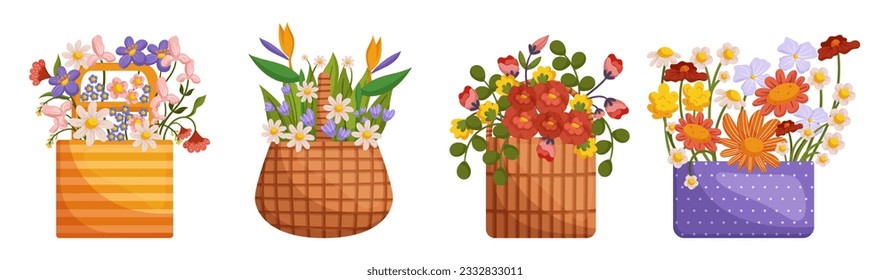 Exquisite Flower Bouquet In Charming Baskets, Filled With Vibrant Blooms And Lush Greenery, Making It A Perfect Gift To Brighten Someone's Day. Cartoon Vector Illustration Isolated on White Background