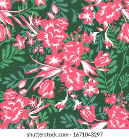 Exquisite garden flowers in bloom. Hand drawn bunch of tulip heads. Bright floral seamless pattern. Vintage botanical graphic illustration. Textile and fabric usage, fashion design.