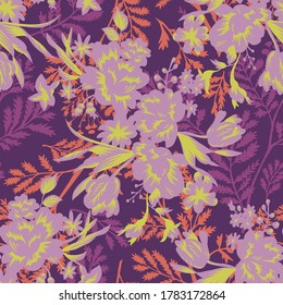 Exquisite Gartenblumen in Blüte. Handgezeichneter Haufen Tulpenköpfe. Helles, florales nahtloses Muster. Vintage botanische grafische Illustration. Verwendung von Textilien und Stoffen, Modedesign.