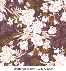 Exquisite garden flowers in bloom. Hand drawn bunch of tulip heads. Bright floral seamless pattern. Vintage botanical graphic illustration. Textile and fabric usage, fashion design.