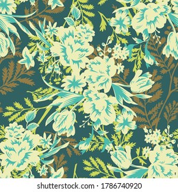 Exquisite garden flowers in bloom. Hand drawn bunch of tulip heads. Bright floral seamless pattern. Vintage botanical graphic illustration. Textile and fabric usage, fashion design.
