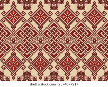 Exquisite geometric fabric pattern with intricate red and beige diamonds. Perfect for adding traditional elegance to any space.