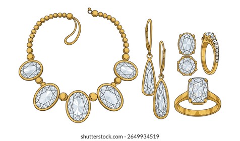 Exquisite gold gemstone jewelry set featuring necklace earrings and rings for elegant occasions