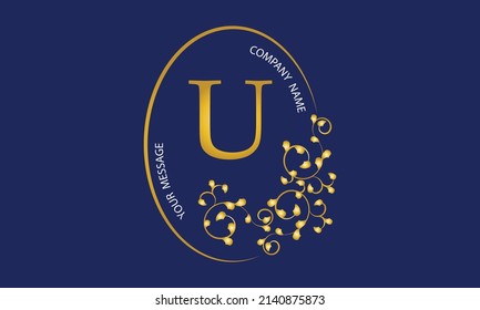 Exquisite gold monogram, logo, invitation, greeting card, business sign or any desired idea on a dark background with the letter U in the center.