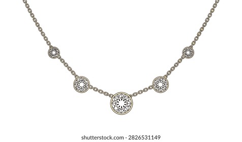 Exquisite gold necklace adorned with five round brilliant cut diamond pendants of graduated sizes set against a white background.