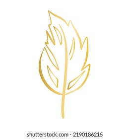 Exquisite golden decorative bird feather isolated vector illustration. Gold boho element. Beautiful decoration for design