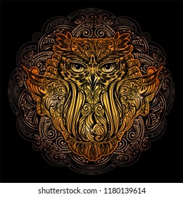 Exquisite golden ornate stylized Owl against the background of the mandala. Spiritual, esoteric, totem symbol. Ethnic tribal patterns with elements of Ar Nouveau and Boho.
