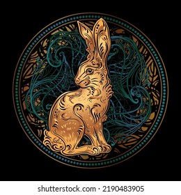 Exquisite golden ornate stylized rabbit. Zodiac sign, Horoscope. Year of the Rabbit 2023. Spiritual, esoteric, totem symbol. Ethnic tribal patterns with elements of Ar Nouveau and Boho.