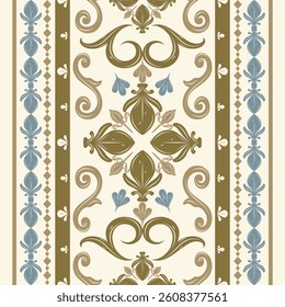 Exquisite Grand Twist Royal Brown Expensive Florals Scroll Ornament Vector on Beige Background Seamless Pattern Baroque Geometric Luxury Style for Gallery Tiles Wallpaper Border Interior Embroidery 