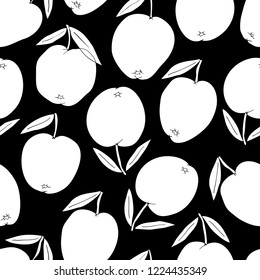 Exquisite, graphical, engraving style, hand drawn apples silhouettes seamless pattern, print. White apples on black background. 