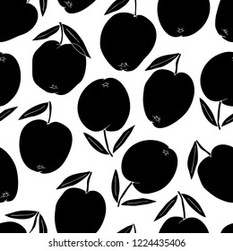 Exquisite, graphical, engraving style, hand drawn apples silhouettes seamless pattern, print. 