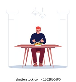 Exquisite guy eating in seafood restaurant semi flat RGB color vector illustration. Redhead caucasian guy enjoying delicious fish and vegetables isolated cartoon character on white background