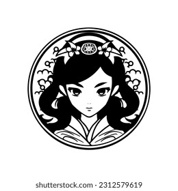 Exquisite hand drawn logo design illustration featuring a captivating Japanese geisha girl, radiating elegance and grace.