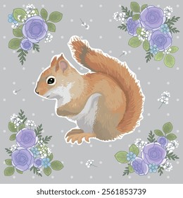 Exquisite hand drawn vector squirrel illustration purple rose flower decorative background