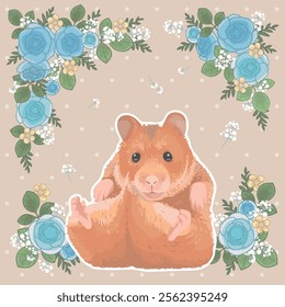 Exquisite hand drawn vector Syrian Hamster Golden Hamster illustration blue rose flower decorative background