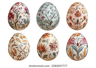 Exquisite hand-painted Easter eggs adorned with intricate floral designs. Perfect for festive decor, crafts, and unique gifts. 