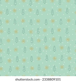 Exquisite holly jolly Christmas seamless pattern. Whimsical arrangements of merry Xmas motifs. Fir trees, snowflakes and polka dots. Allover print Christmassy repeat textured background.