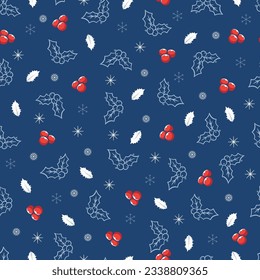 Exquisite holly jolly Christmas seamless pattern. Aesthetic whimsical arrangements of merry Xmas motifs. Holly leaves, mistletoes, snowflakes. Allover print Christmassy repeat textured background.