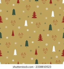 Exquisite holly jolly Christmas seamless pattern. Aesthetic whimsical arrangements of merry Xmas motifs. Fir trees, reindeers; snowflakes. Christmassy repeat textured background.