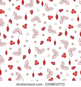 Exquisite holly jolly Christmas seamless pattern. Whimsical arrangements of merry Xmas motifs. Baubles, Holly leaves, mistletoes, snowflakes. Allover print Christmassy repeat textured background.