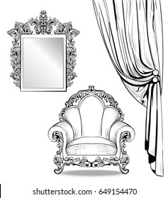Exquisite Imperial Baroque armchair and mirror frame in luxurious ornament. Vector French Luxury rich intricate structure. Victorian Royal Style decor