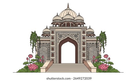 Entrada requintada do portão do palácio indiano com exuberante verde e flores de lótus rosa em flor