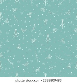 Exquisite jolly Christmas seamless pattern. Aesthetic whimsical arrangements of merry Xmas motifs. Xmas trees, holly leaves, polka dots, snowflakes, mistletoes. Christmassy repeat texture background.