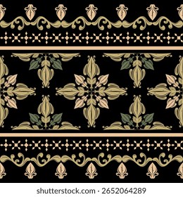 Design abstrato requintado Damask Luxury Scroll Ornamento Florais Boêmio Ouro esverdeado no fundo preto Sem emenda Delicado padrão de borda. Ikat impecável artesanato bordados têxteis cerâmica