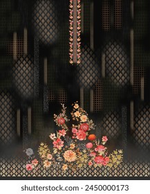 Exquisite Kurti  design, border pattern Pakistani i Kurti digital design flower pattern - illustration