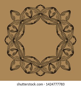 Exquisite lace ornament in the round. Circular pattern of maple lionfish for tattoo, decoration, eco design. Vector frame of plant elements