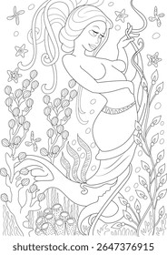Exquisite Line Art Coloring Page Featuring a Beautiful Mermaid Gracefully Poised Amidst Intricate Underwater Flora, Starfish, and Bubbles, Perfect for Relaxation and Creative Expression.