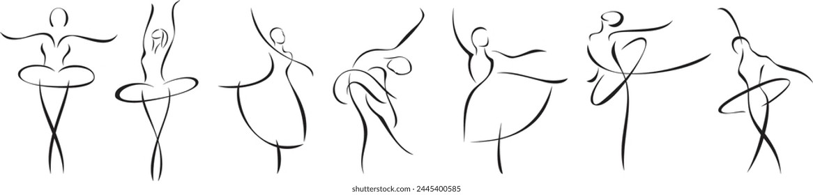 Exquisite line drawings of beautiful ballet dancers, minimalist style. Vector beautiful women silhouettes. Female beauty, elegance and art symbols. Great for logo, banner, sign, poster and flyer.