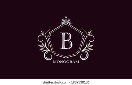 Exquisite logo with elegant letter B. Design of a stylish monogram, business sign, symbol, heraldry